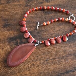 Red/Orange Agate Beaded Collar Necklace and Pendant